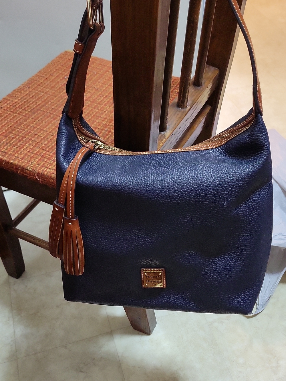 Dooney & Bourke Navy Pebbled Leather Shoulder Bag with Brown Trim